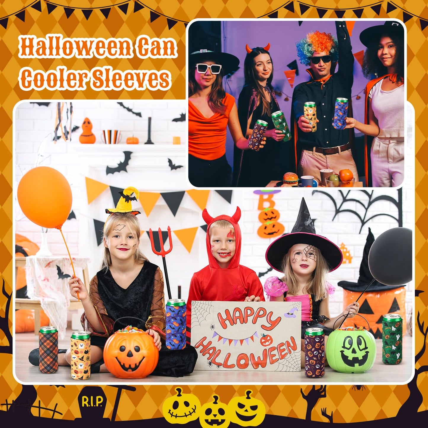 Mimorou 16 Pcs Halloween Can Coolers Sleeves 12oz Xmas Skinny Can Cooler Sleeves Reusable Neoprene Slim Beer Insulator for Halloween Party Favors Decoration Gifts Supplies (Spider)