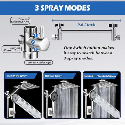Shower Head,8”Rain Shower Head with Handheld Spray Combo with 11'' Angle Adjustable Extension Arm/Flow Regulator/Shower System,High Pressure Rainfall Shower Head Bathroom,Chrome