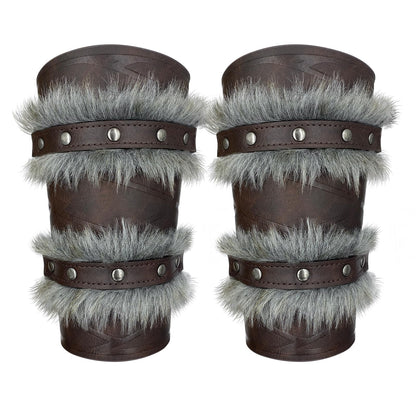 HiiFeuer Nordic Viking Barbarian Arm Guards, Medieval Artificial Fur Gauntlets, Vintage Faux Leather Bracers for LARP (Brown A)