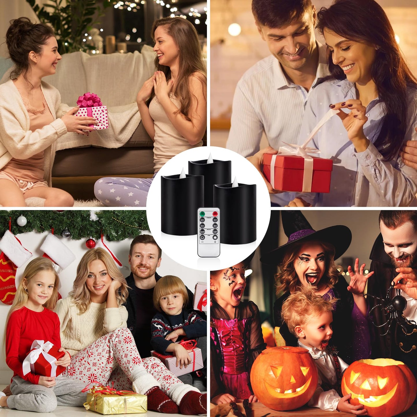 Woocodowe Black Pillar Flameless Candles - 3D Flickering, Remote Timer, Battery Operated, 600+ Hours, Halloween & Gothic Themed Decor (Black, 3"*4"-3pcs)