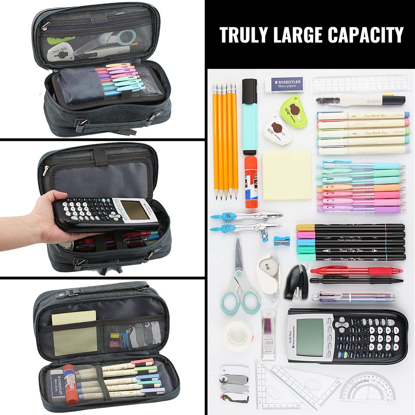 JOINPRO Large Capacity Pencil Case, 4 Compartment Pen Pouch Organizer with Double Zipper, Storage Bag for School, Office, Teen Girl Boy Men Women (Black Grey)