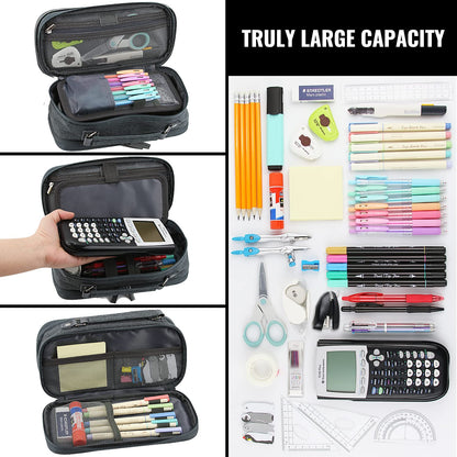 JOINPRO Large Capacity Pencil Case, 4 Compartment Pen Pouch Organizer with Double Zipper, Storage Bag for School, Office, Teen Girl Boy Men Women (Black Grey)