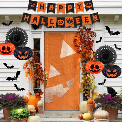 Halloween Party Decorations Indoor Kit with Paper Honeycomb Balls & fans, Fireplace Mantel Scarf, Spiderweb Table Runner, Banner, 48 Pcs Scary Bat Sticker for Halloween Spooky Home Decor