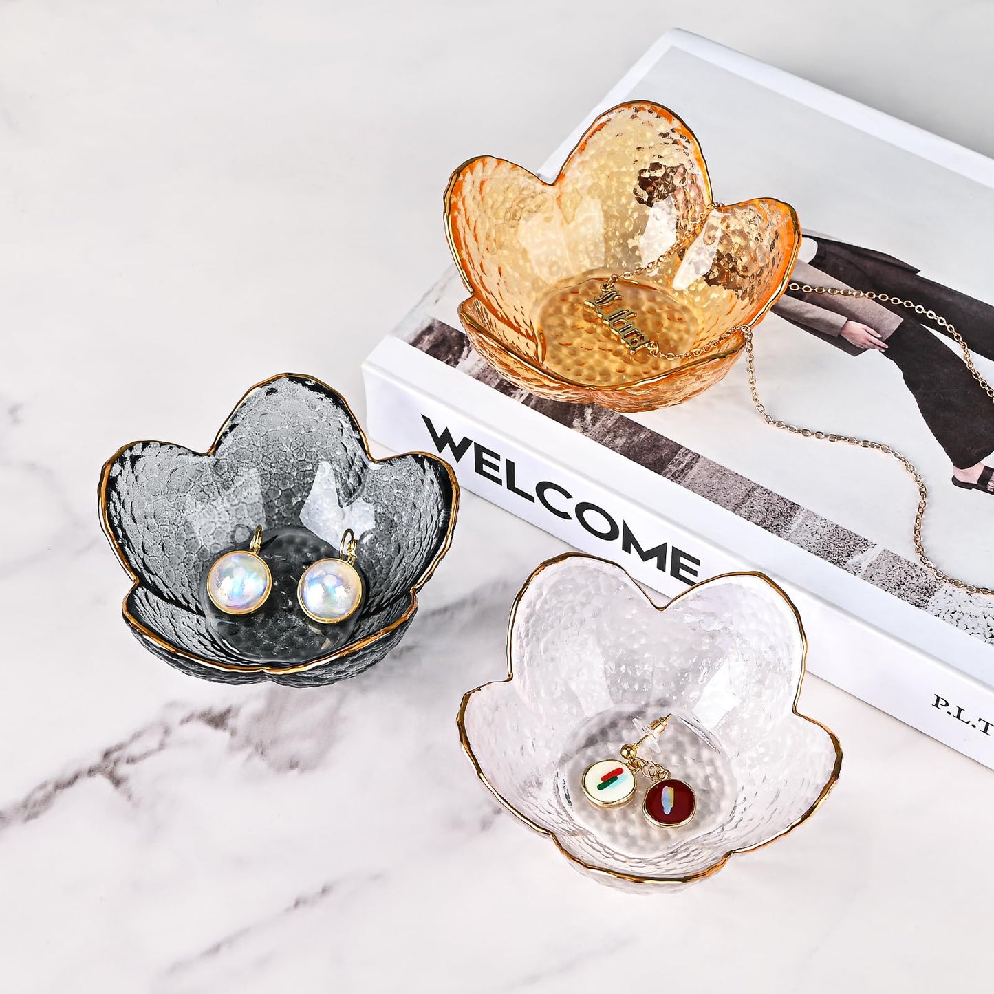 Koythin 3-Piece Glass Jewelry Tray, Small Trinket Holder for Necklace Bracelet Earring, Ring Holders for Bathroom, Aesthetic Trinket Dish, Flower Nightstand Decor for Girl Mom (Transparent White)