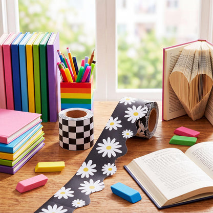 Trandraft 2 Rolls 65.6ft Daisy Checkered Bulletin Board Borders Decoration Black and White Checkerboard Board Borders Strips Summer Daisy Classroom Decor for Back to School Classroom Offices Party