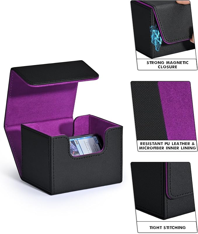 ZLCA Card Deck Box for Trading Cards, MTG Commander Deck Box Holds 120+ Single Sleeved Cards, Leather Magnetic Card Storage Box Fits for Magic the Gathering TCG CCG(Black& Purple)