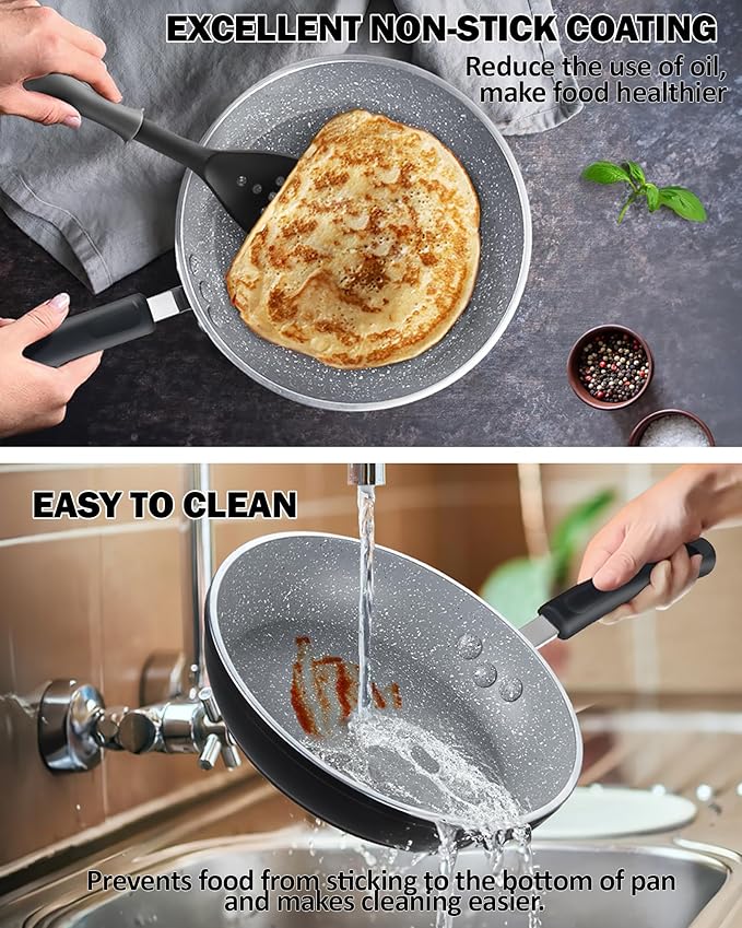 Cook N Home 8-Piece Nonstick Pot and Pan Set with Lid Induction Compatible | Cookware Set Includes Saucepan with Lid, Stockpot with Lid, Frying Pans, Black/Marble Cooking ware Non Stick