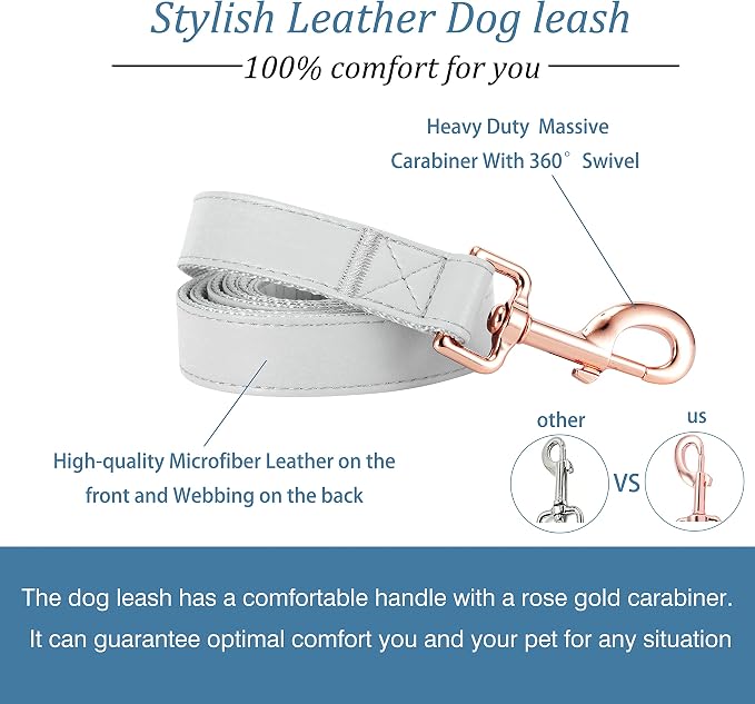 Dog Collar and Leash Set.Soft and Easy to Clean Vegan Leather with Rose Gold Metal Buckle for Small Medium Large Dogs (Grey, XS(8"-12"))
