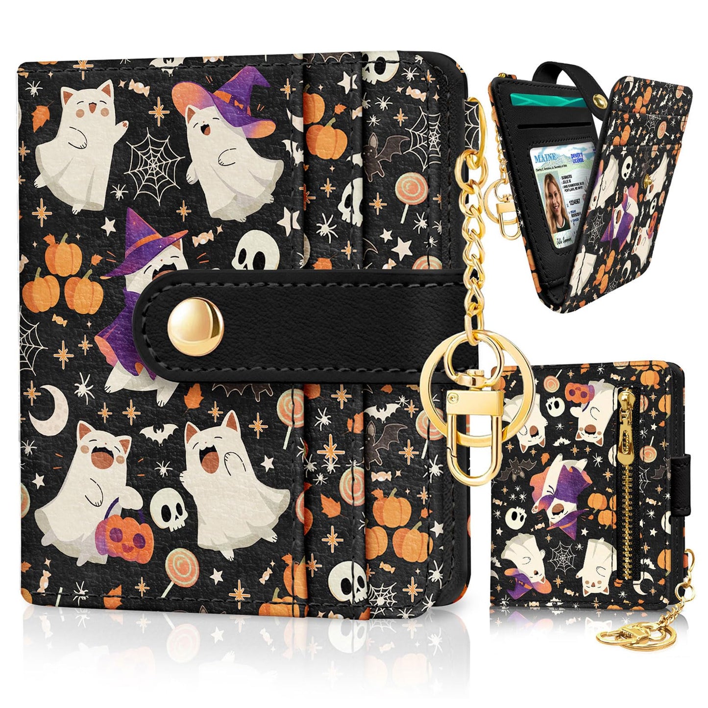 Jogjam Halloween Cute Cat Ghost Rfid Wallet, Small Spooky Bats Pumpkin Slim Thin Credit Card Women Wallet, PU Leather Bifold Cash Zipper Coin Pocket for Holiday Gifts