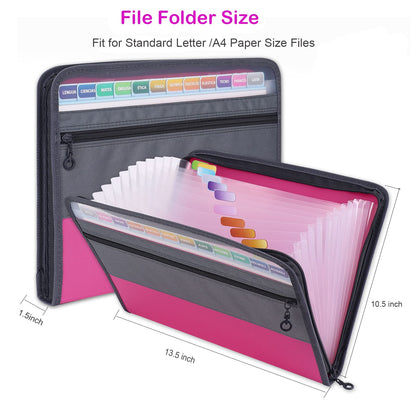 MEGREZ A4 Paper File Folder with 13 Pockets, Accordion File Folder with Zipper File Folder Organizer for Office, Waterproof Expanding File Folder with Tabs, Pink & Blue(2 Packs)