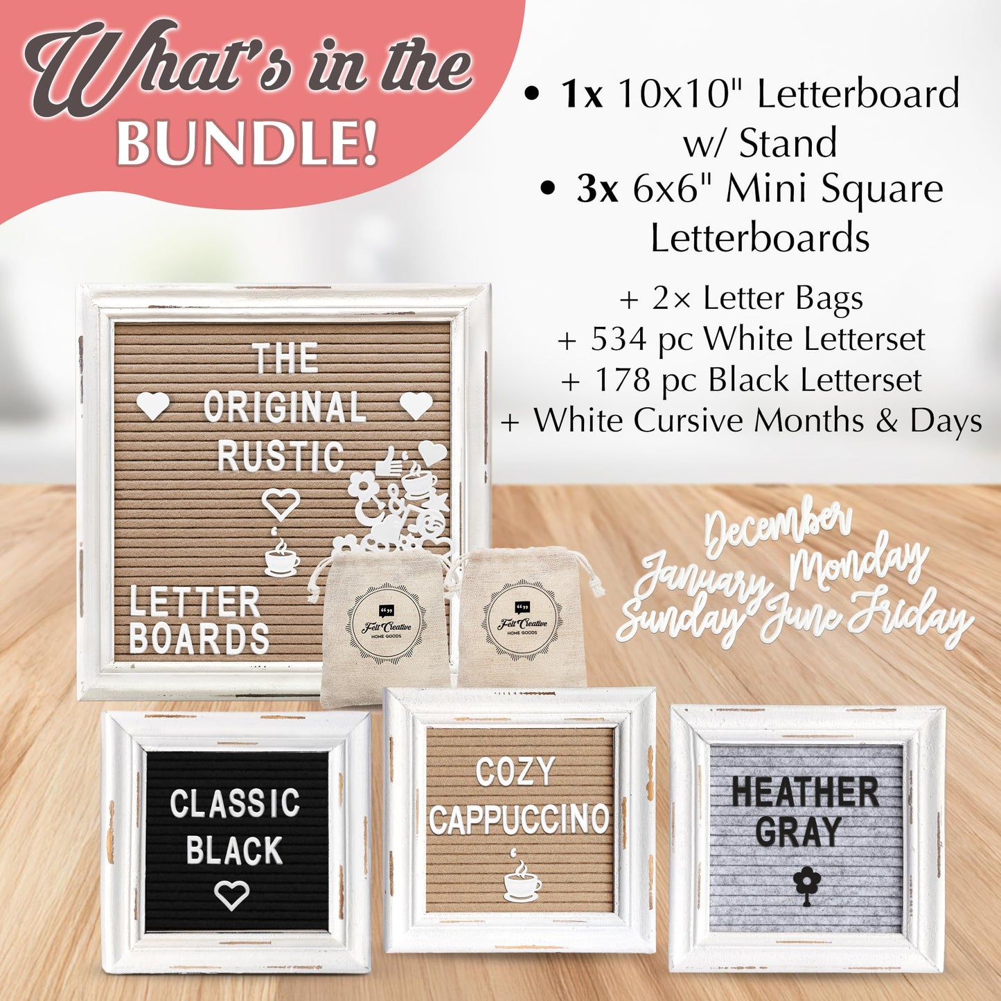Letterboards + Mini Letterboards Bundle - Cappuccino 10x10 Felt Letter Board with Stand & 6x6 Mini Letter Boards Set of 3 – Farmhouse Baby Announcement & Back to School Changeable Message Board Bundle