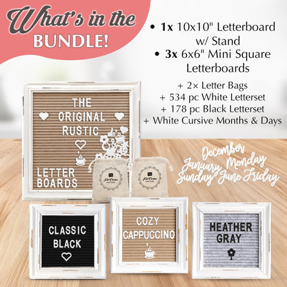 Letterboards + Mini Letterboards Bundle - Cappuccino 10x10 Felt Letter Board with Stand & 6x6 Mini Letter Boards Set of 3 – Farmhouse Baby Announcement & Back to School Changeable Message Board Bundle