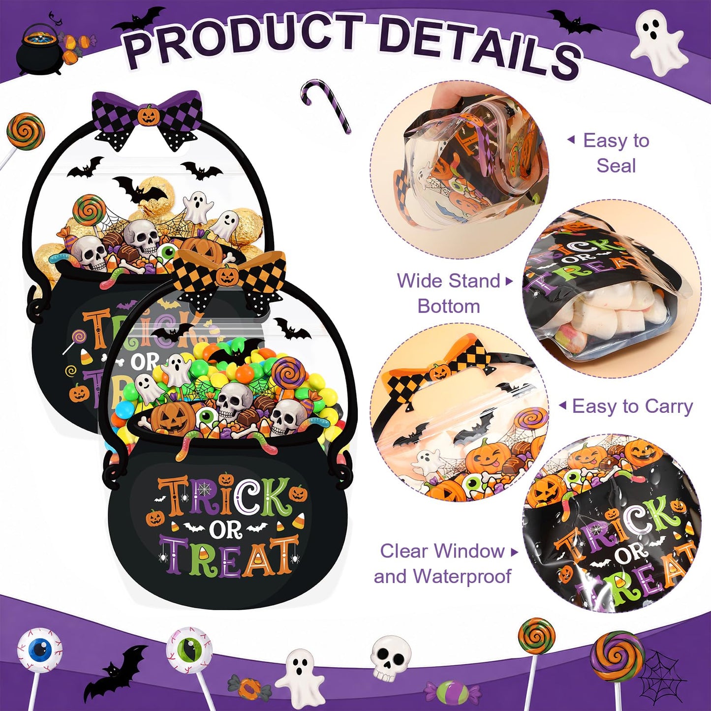 Fuutreo 50 Pcs Halloween Plastic Bags Clear Witch Cauldron Sealed Gift Pouches with Handles Resealable Scary Holiday Favor Bags for Halloween Holiday Party Candy Gift Wrapping Supplies Decoration