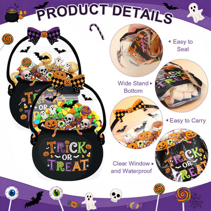 Fuutreo 50 Pcs Halloween Plastic Bags Clear Witch Cauldron Sealed Gift Pouches with Handles Resealable Scary Holiday Favor Bags for Halloween Holiday Party Candy Gift Wrapping Supplies Decoration