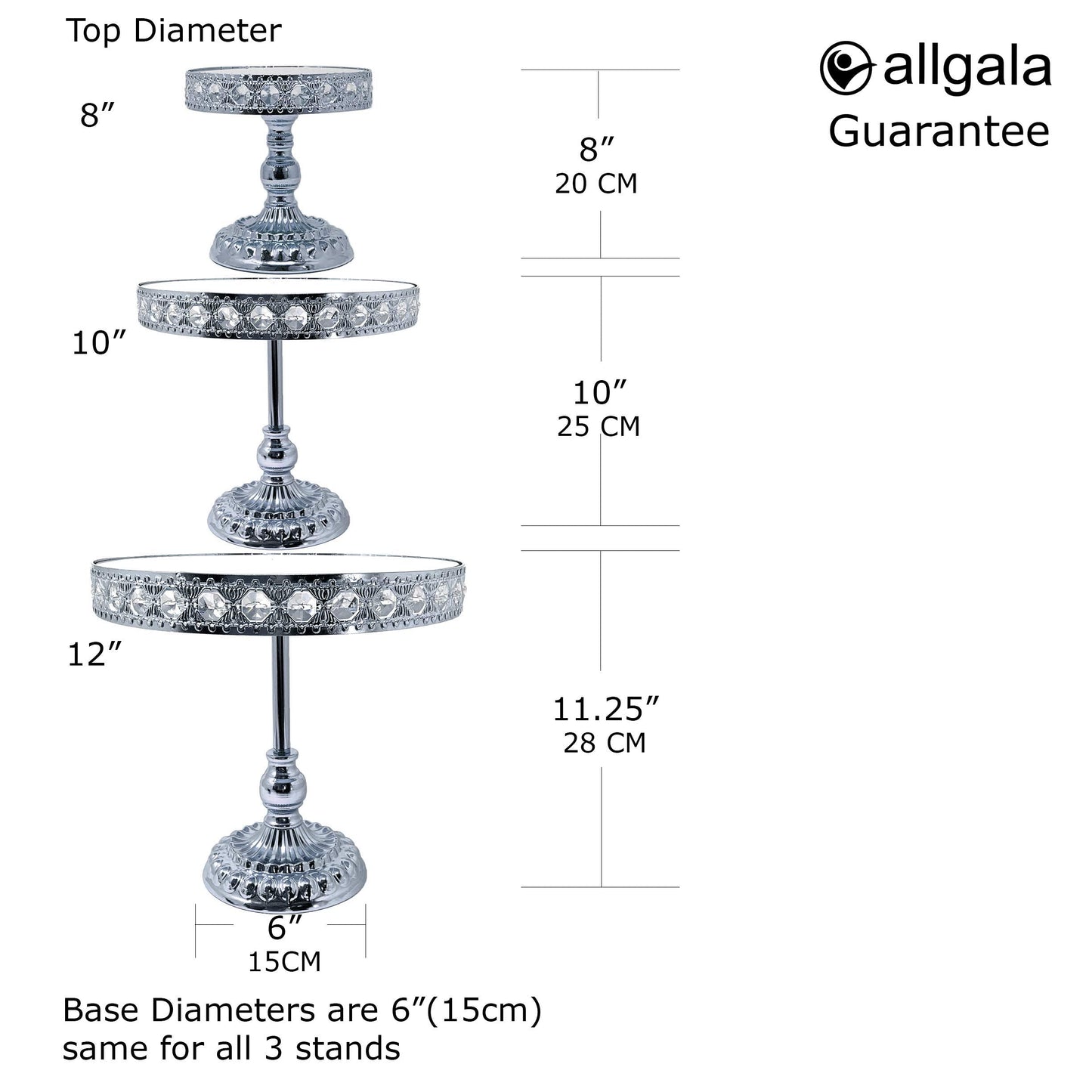 allgala Wedding Cake Stands 3-Piece Set Crystal Gold Plated Cheese Dessert Cupcake Cake Stand with Mirror Plate-Silver Round with Bases-HD89209