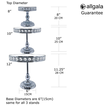 allgala Wedding Cake Stands 3-Piece Set Crystal Gold Plated Cheese Dessert Cupcake Cake Stand with Mirror Plate-Silver Round with Bases-HD89209