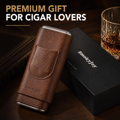 SmokyJoy Luxury Leather Cigar Travel Case Gift Set, Cedar Wood Lined Portable Humidor with V-Cut, Guillotine & Punch Cutter Tools, Premium Cigar Holder Accessory Gift Box for Cigar Enthusiasts, Brown