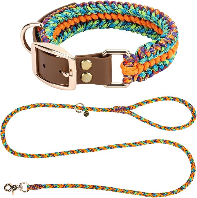 Tirevt Hand-Woven Dog Collar and Leash Set:Color-Block Design, Premium Reinforced Buckle, Adjustable Artisan Paracord for Puppies, Small, Medium & Large Dogs (Rainbow, M)