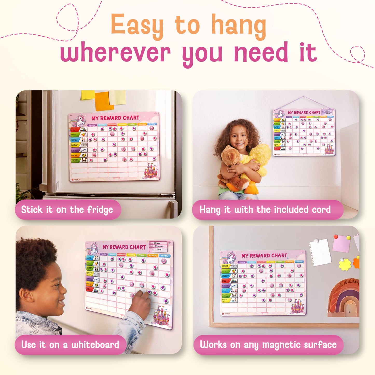 LIKARTO Magnetic Reward Chart for Kids with 280 Magnets - Behavior Chart for Kids at Home - Responsibility Reward Chart - Chore Chart - Visual Schedule - Ideal for Ages 3-9, Autism, ADHD - Pink