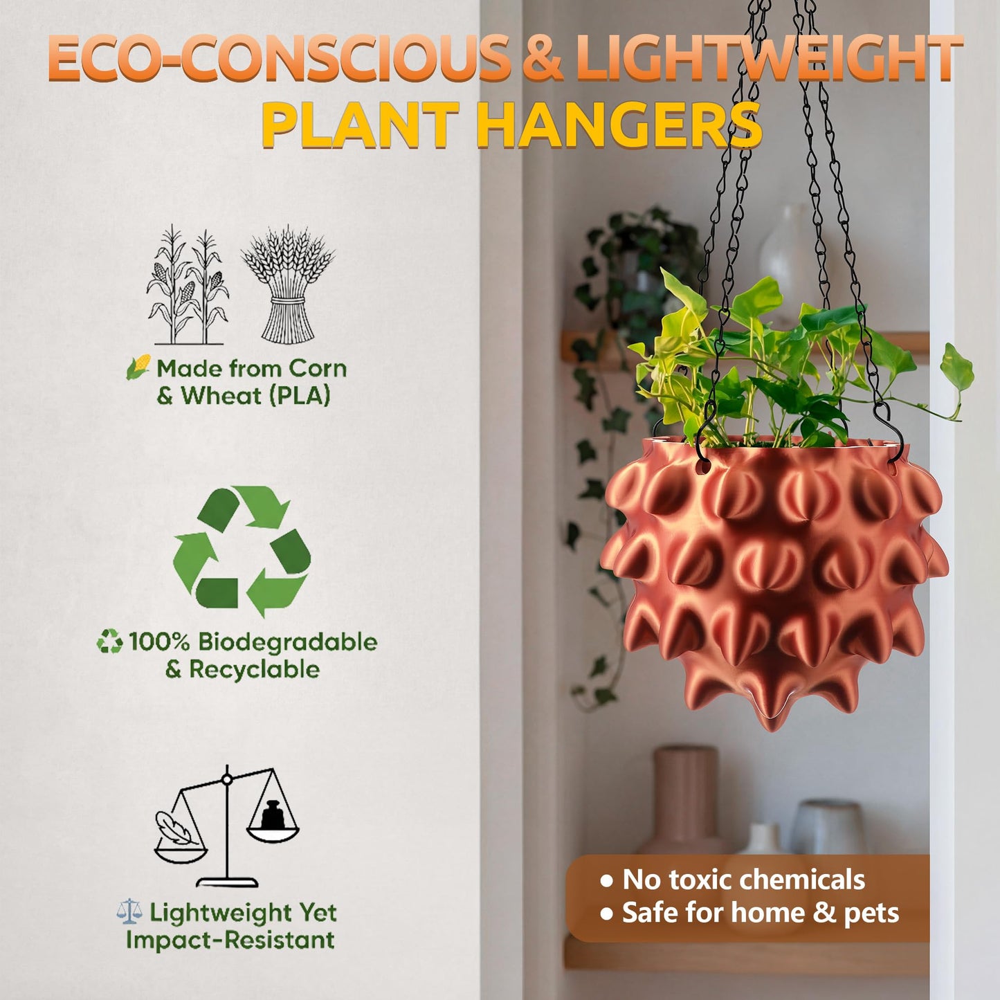 Enhon 6 Inch Hanging Planters for Indoor Plants, Unique Hanging Pots for Plants with Drainage and Hanger Baskets Hangers, Spiked Orb Plant Hanger, Silky Copper Finish