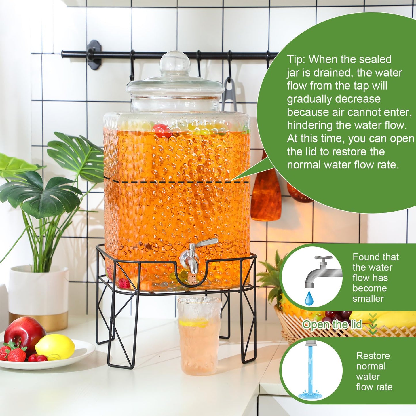 Honeydak 4.6 Gallon Glass Beverage Dispenser with Stand Stainless Steel Spigot Glass Lid Clear Iced Juice Container Leakproof Drink Dispenser Countertop Lemonade Water Jar for Wedding Party (1 Pack)