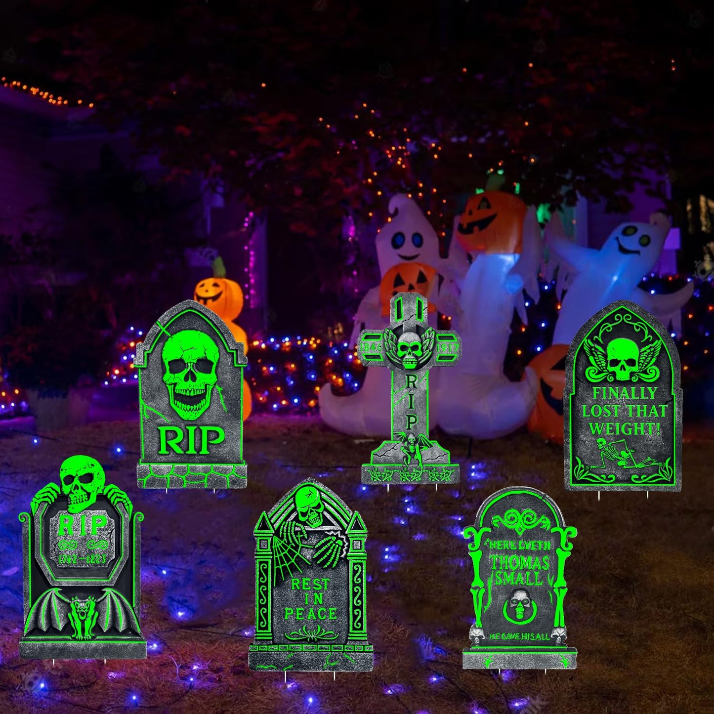 6 Pack Halloween Tombstones Graveyard Decorations, Halloween Yard Sign Glow in The Dark, 17”×10” Waterproof Outdoor Light Up Tombstones, Spooky Light Up Gravestones for Yard, Home, Party, Scary Decor
