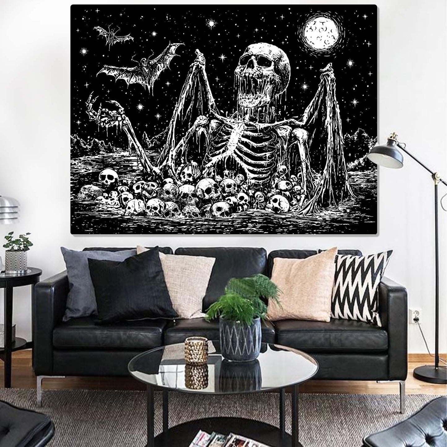 Gruaoihy Gothic Skeleton Tapestry, Horror Moon Skull Dark Death Bat Wall Art for Bedroom Grunge Room Decor, Black and White 44x60 inches
