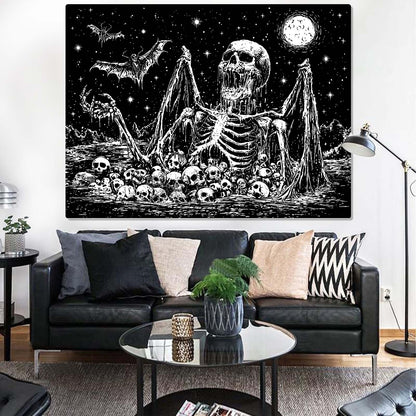 Gruaoihy Gothic Skeleton Tapestry, Horror Moon Skull Dark Death Bat Wall Art for Bedroom Grunge Room Decor, Black and White 44x60 inches