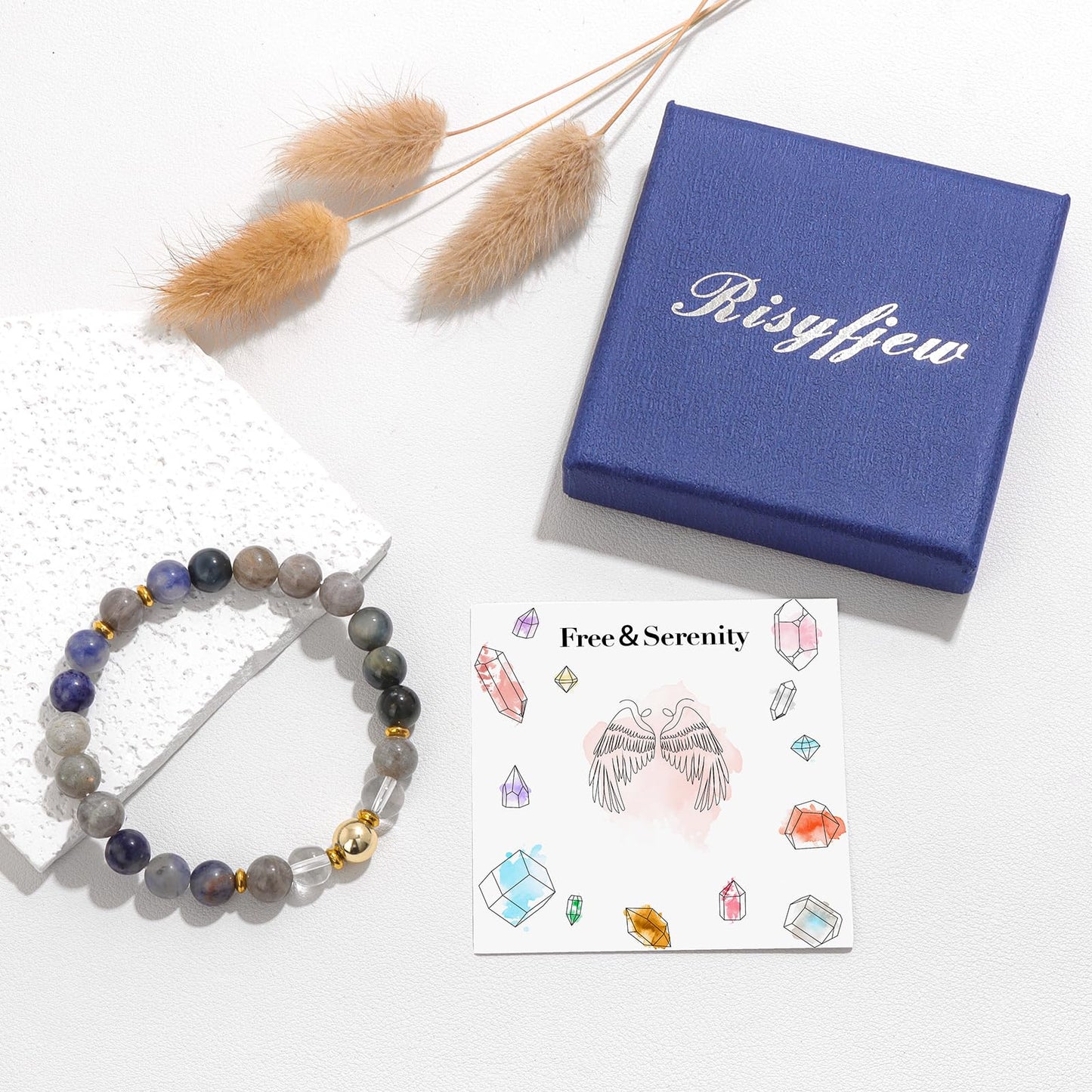 Risyfjew Natural Healing Crystal Bracelet for Women Free Serenity Bracelets Calming Jewelry Gifts Worry Stone Amethyst Tiger Eye Sodalite