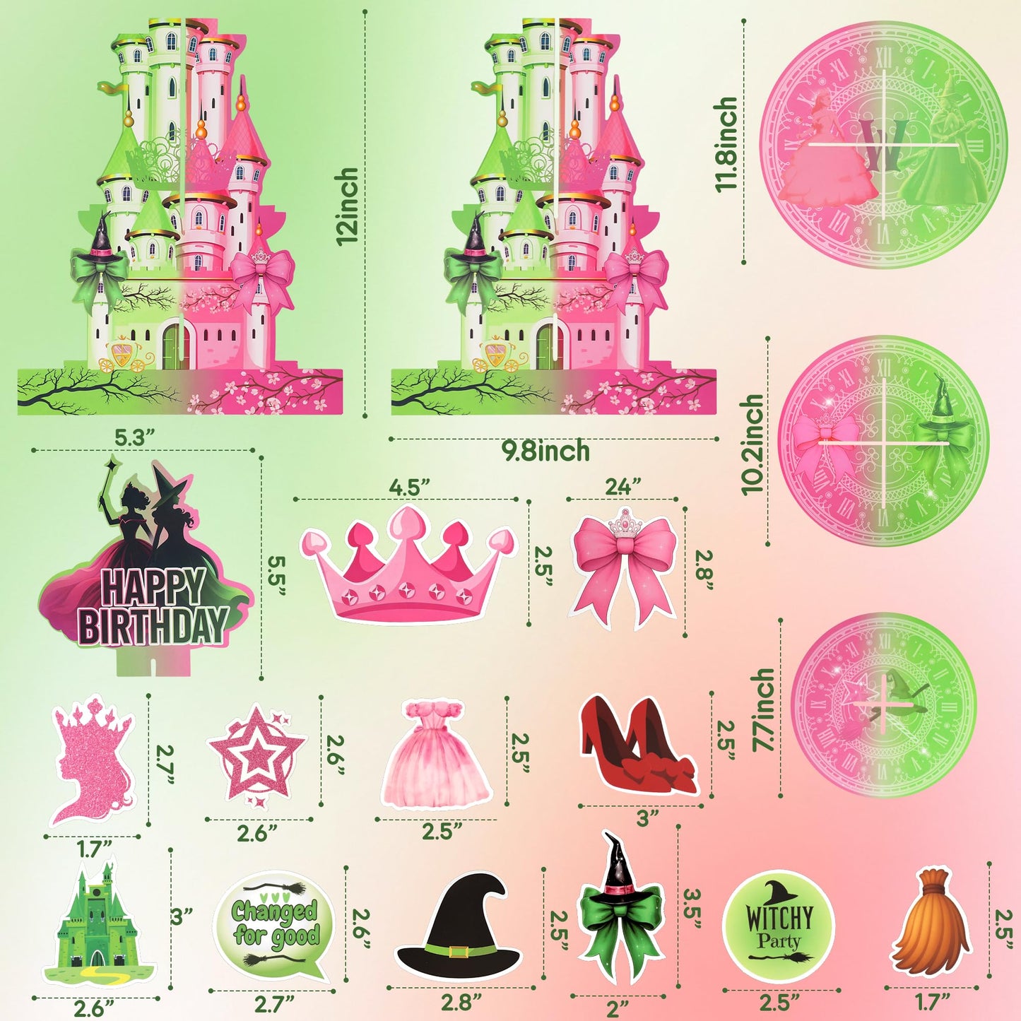 Princess and Witch Cupcake Stand with Cupcake Toppers – 3 Tiers Pink and Green Wizard Cupcake Tower with 24 PCS Witch and Fairy Cupcake Toppers for Birthday Decorations