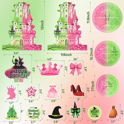 Princess and Witch Cupcake Stand with Cupcake Toppers – 3 Tiers Pink and Green Wizard Cupcake Tower with 24 PCS Witch and Fairy Cupcake Toppers for Birthday Decorations