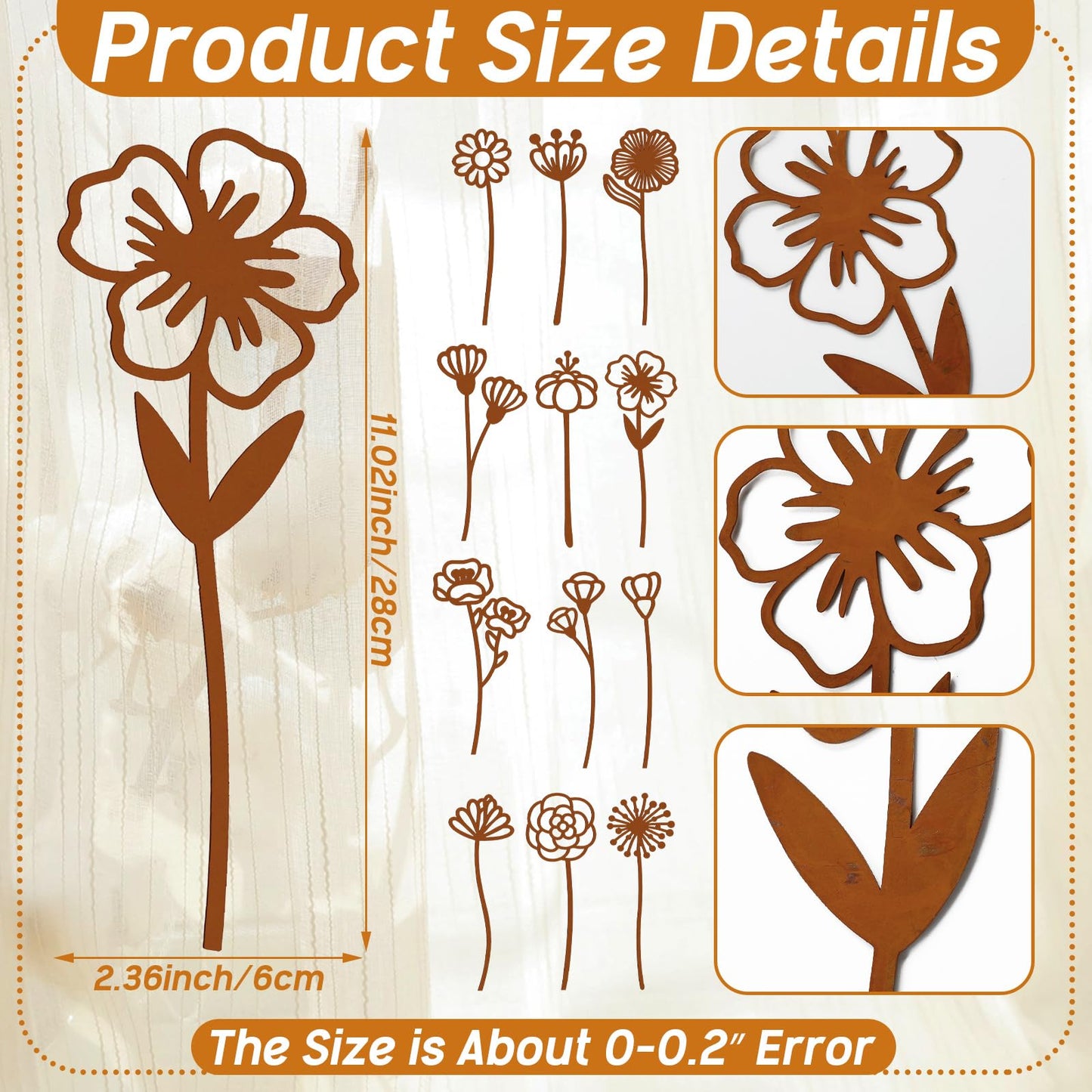 LEIFIDE 12 Pcs Rusty Metal Flowers Stakes Rustic Metal Floral Yard Art Lawn Art Decor Garden Stakes for Home Patio Farm Wedding Courtyard Decoration 12 Inches Tall