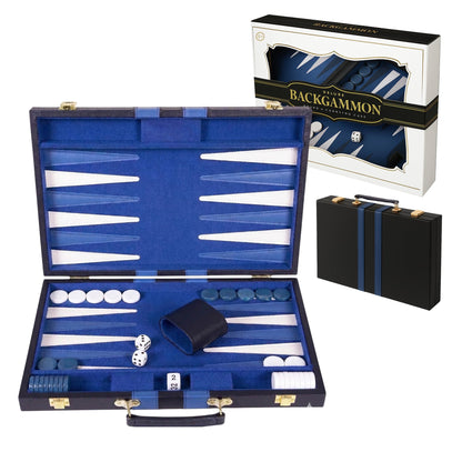 Premium Backgammon 18 Inches Large Blue - Backgammon Sets for Adults and Kids - Leatherette Back Gammon Board Game Set - Travel Backgammon Set Board Encased with Accessories