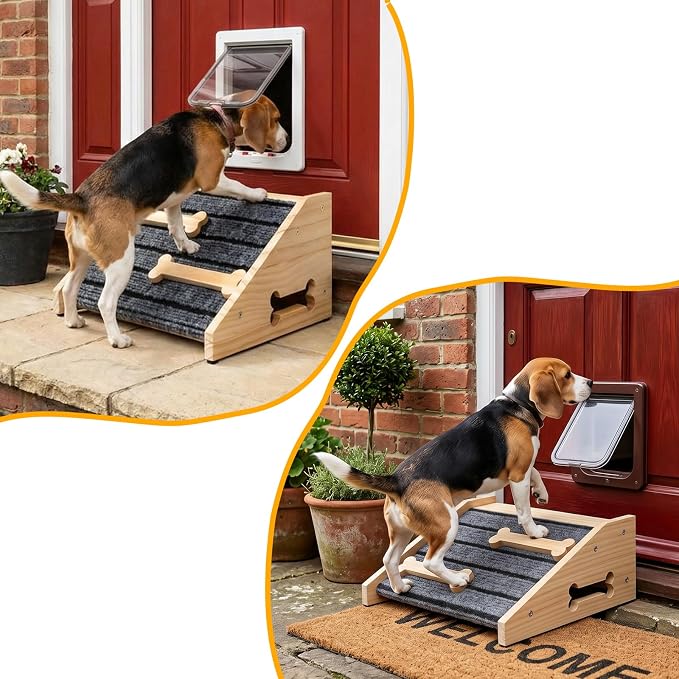 2-Pack Wooden Dog Ramp for Stairs - Natural Pine Wood Pet Step Ramp with Anti-Slip Bone Strips & Felt Padding, Stair Wedge for Small Medium Dogs, Indoor Home Safety Access for Injured Dogs