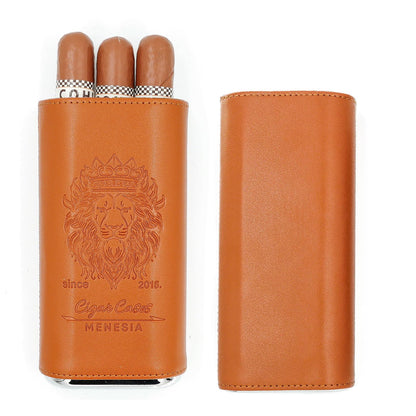 menesia Brown Cigar Case with Cutter - Portable Leather Travel Cigar Holder and Pouch Kit for Men