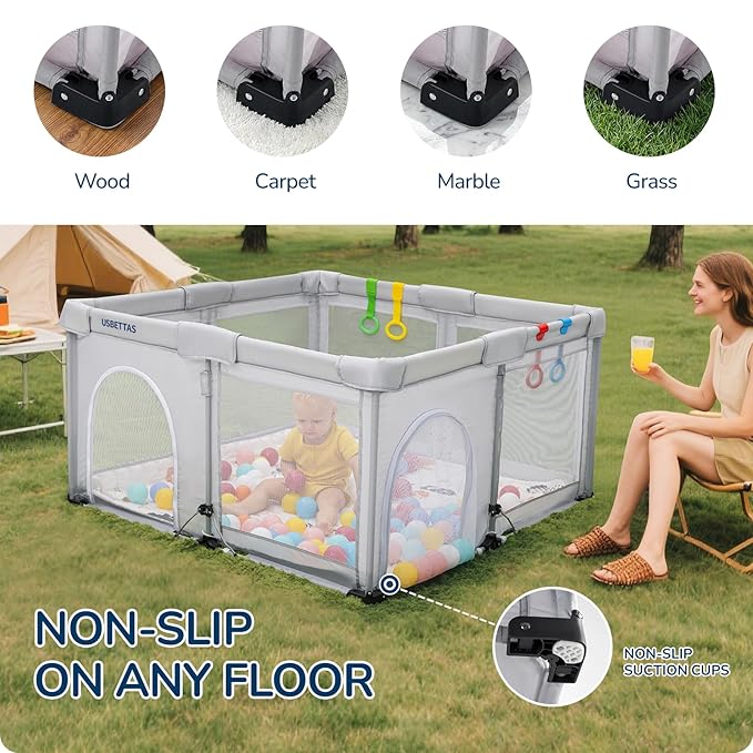 Foldable Baby Playpen with Mat, 1-Minute Setup, Lightweight Portable Playpen with Carry Bag, 50"x50" Indoor Outdoor Safty Play Yard for Babies & Toddlers, Light Gray