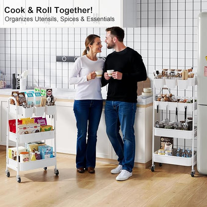 White 4 Tier Rolling Cart Metal with Wheels, Heavy Duty Utility Storage Organizer Carts on Wheels, Four Tiered Roller Cart for Kitchen, Book, Snack, Craft, Art, Dorm, Large Capacity Basket, 38in Tall