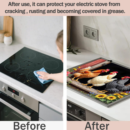 Farm Rooster Chickens Stove Top Cover for Electric Stove 28x20 Inch Silicone Stove Topper & Protector, Decorative Kitchen Mat for Electric/Glass Stove Top