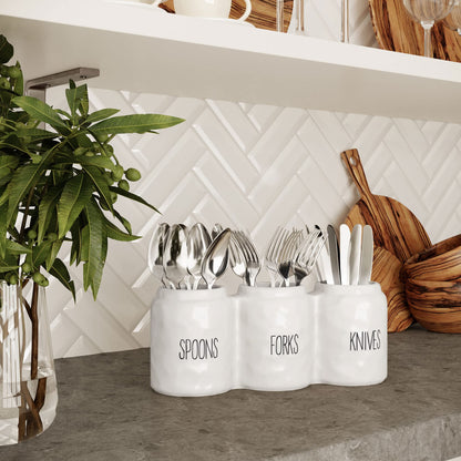 Barnyard Designs Silverware Caddy for Countertop - Cutlery Organizer for Spoon, Fork, and Knife - Ceramic Utensil Holder for Flatware or Plasticware - Perfect for Parties - 12.5” x 4.25” x 5” (White)