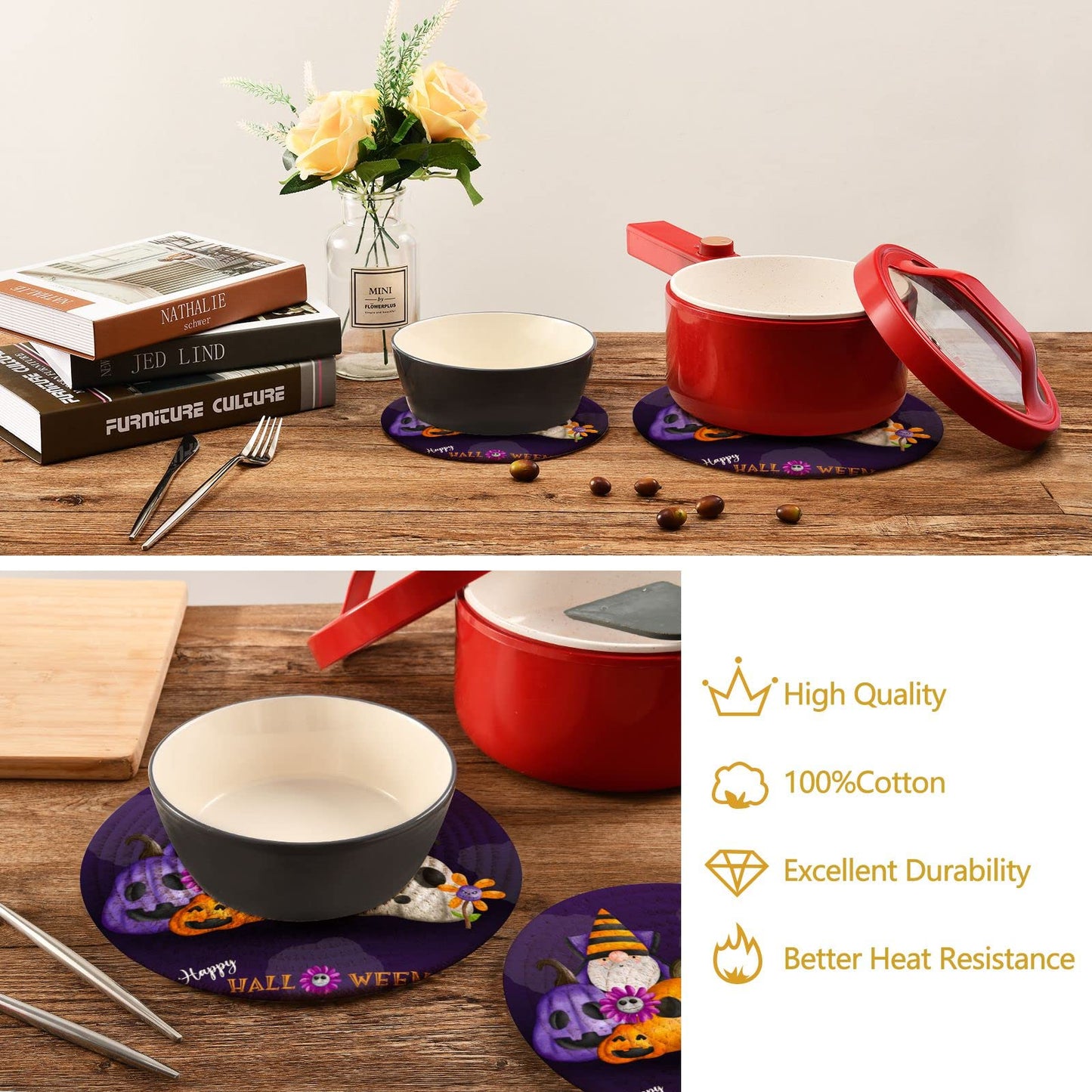 Moudou Halloween Gnome Trivet Pot Holder Set of 2, Heat Resistant Round Potholders Coasters Pad for Kitchen, Hot Pot and Pan