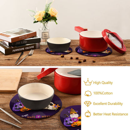 Moudou Halloween Gnome Trivet Pot Holder Set of 2, Heat Resistant Round Potholders Coasters Pad for Kitchen, Hot Pot and Pan