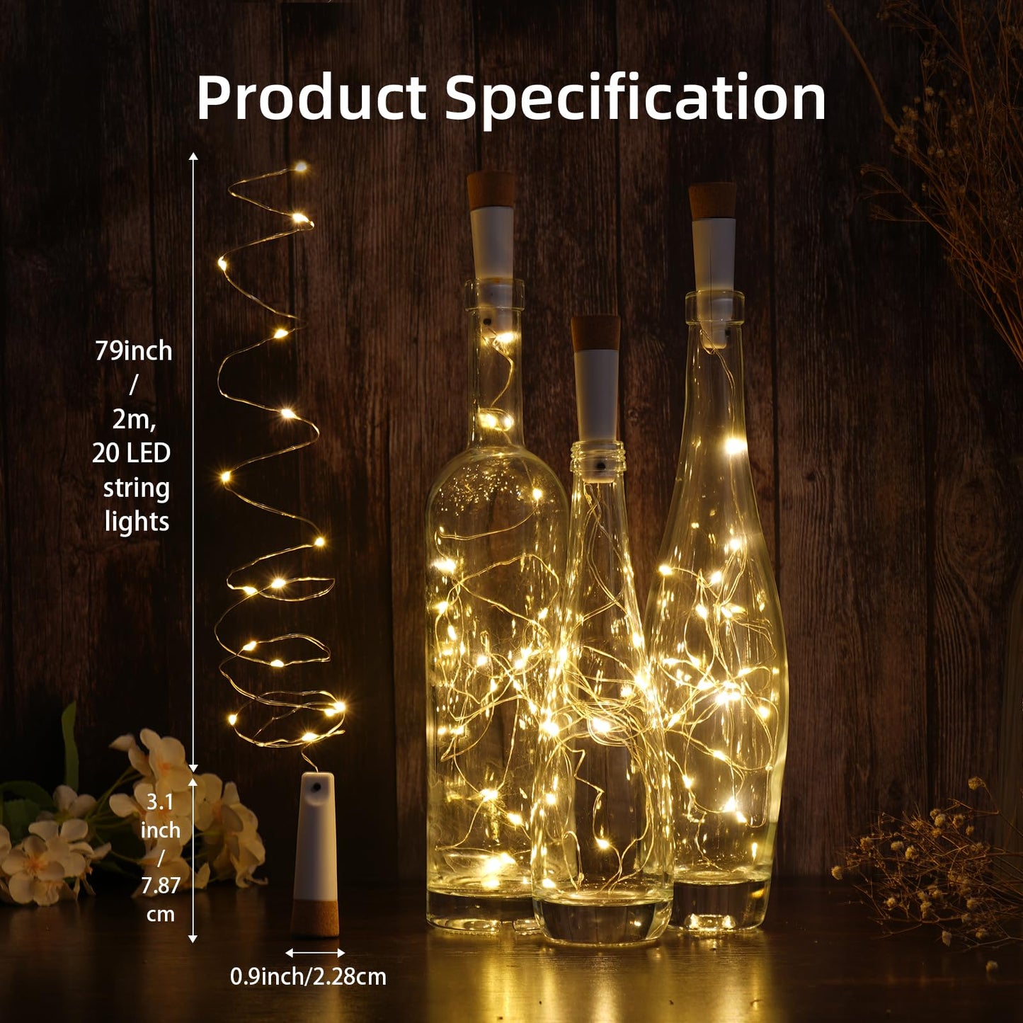 Godinsky Wine Bottle Lights - 4 Pack Rechargeable Battery Operated 140mAh 20 LED Bottle Stoppers，8 Light Modes Switching,Perfect for Christmas, Weddings, Halloween, and More(Warm)