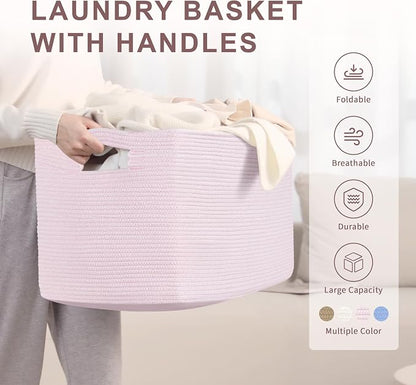 86L Large Baby Girls Laundry Basket for Nursery Storage,Cute Woven cotton Rope Baskets for Kids Toy，Gifts, Boho Square Wicker Blanket hamper for Living Room,Bedroom Dirty Clothes,Pink