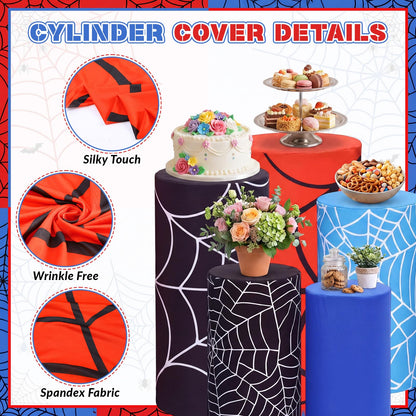 Moukeren 5 pcs Spiderweb Themed Cylinder Pedestal Stand Covers Spandex Plinth Red Blue Cylinder Stand Cover for Spider Web Theme Party Birthday Baby Shower Event Decor