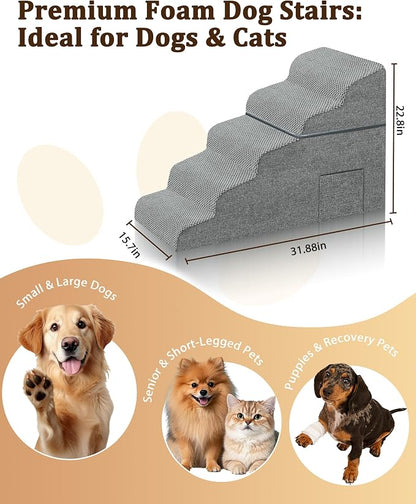 Dog Stairs for Bed, 22.8" H 5-Step Dog Steps for High Bed & Car, Non-Slip Stable Pet Stairs for Small Dogs, Gentle Climb Design, Foldable Pet Steps that Double as Cozy Pet Bed for Resting