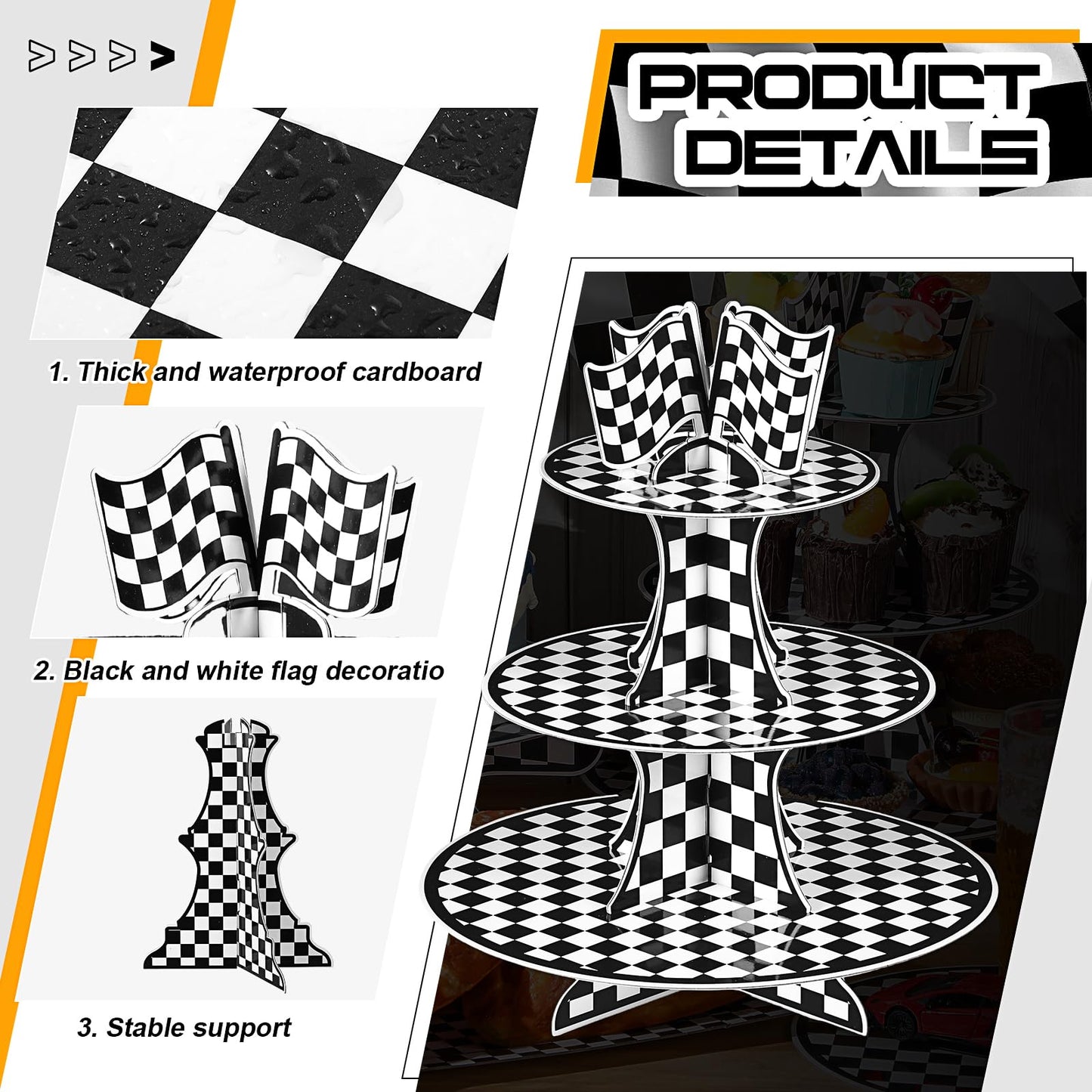 Zopeal 7 Pieces Racing Car Theme Cupcake Stand Set 3-Tier Cardboard Cupcake Display 1-Tier Cake Stand Round Dessert Display Rectangle Serving Tray Reusable Platters for Birthday Party