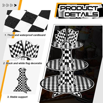 Zopeal 7 Pieces Racing Car Theme Cupcake Stand Set 3-Tier Cardboard Cupcake Display 1-Tier Cake Stand Round Dessert Display Rectangle Serving Tray Reusable Platters for Birthday Party