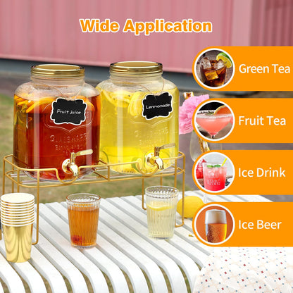 1.6 gallon Glass Beverage Dispenser with Stand, 2PACK Lemonade Dispenser with Spigot Stainless Steel, Drink Dispensers for Parties,Picnic,Weddings(Golden)