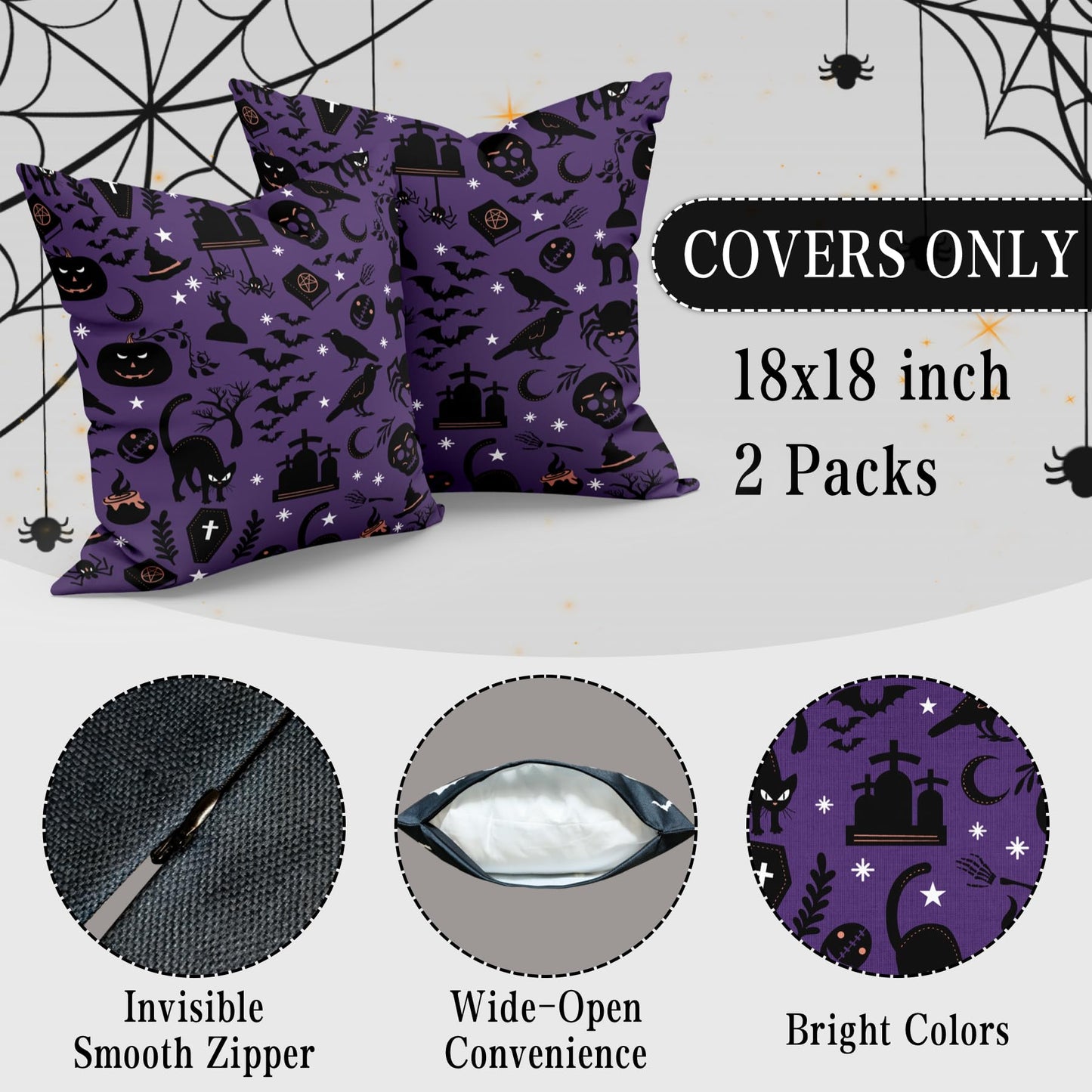 Puresora Halloween Pillow Covers 18x18 Set of 2 Throw Pillow Cases Soft Cushion Case Pillowcase for Chair Sofa Bedroom Living Room Home Decor, Purple