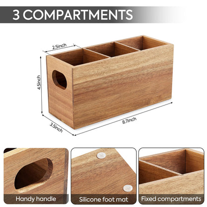 VIVIRBIEN Acacia Wooden Silverware Holder, Kitchen Utensil Caddy with 3 Compartments, Cutlery Storage Organizer Countertop, Flatware Organizer for Party, Spoon, Fork Holder